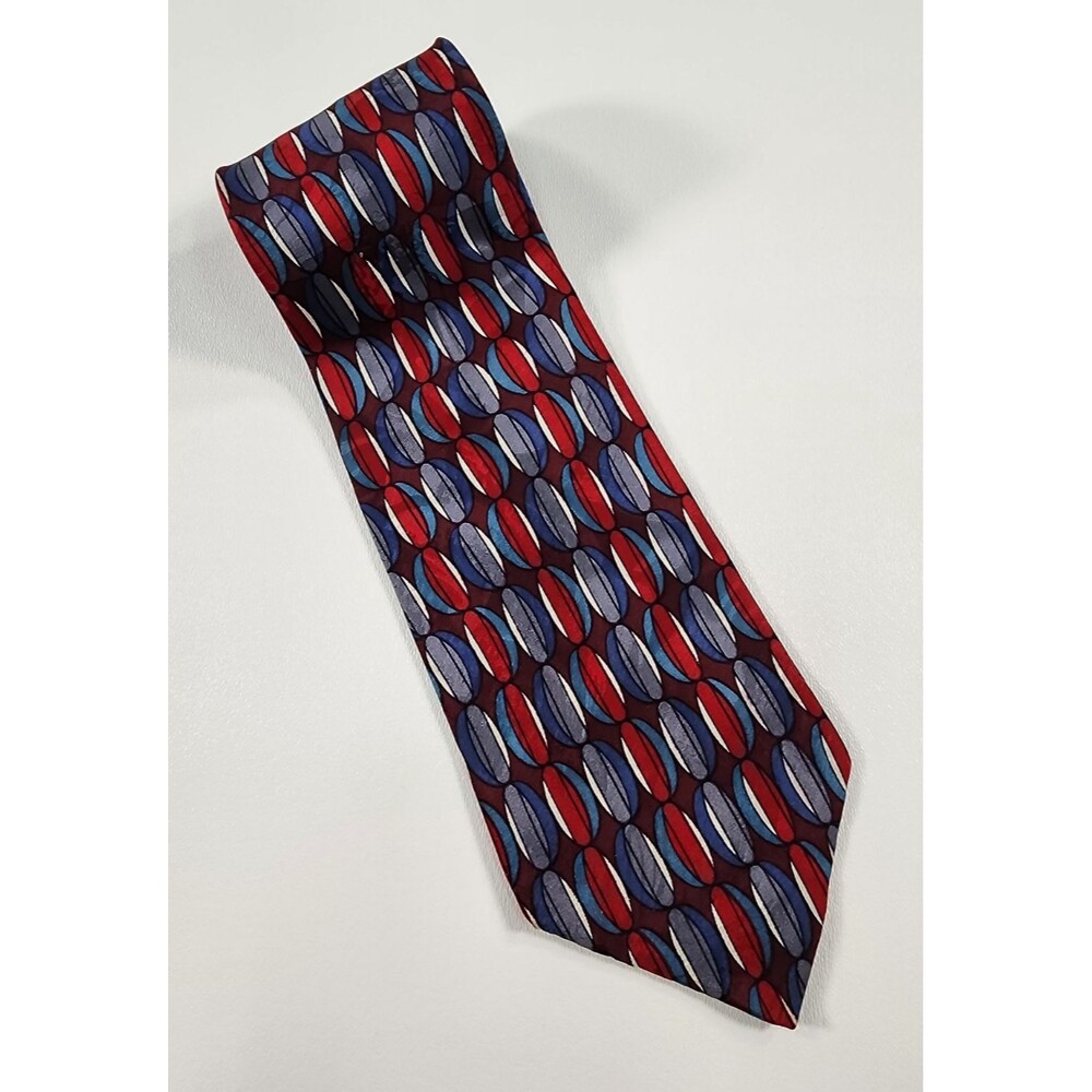 Vintage Valentino Pietro Mens Tie Pure Silk Geometric Pattern  Red/Blue/Grey